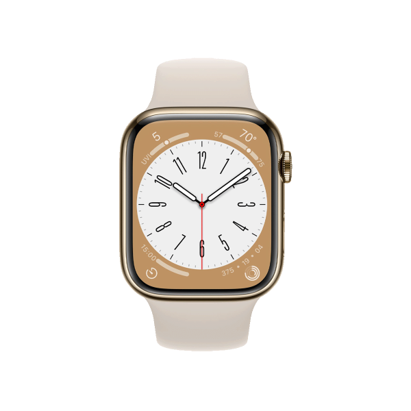 Refurbished Apple Watch Serie 8 | 45mm | Stainless Steel Or | Bracelet Sport Starlight Blanc | GPS | WiFi + 4G