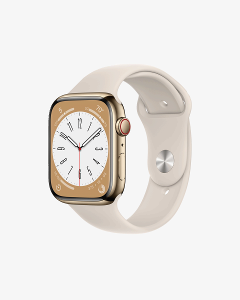 Refurbished Apple Watch Serie 8 | 45mm | Stainless Steel Or | Bracelet Sport Starlight Blanc | GPS | WiFi + 4G