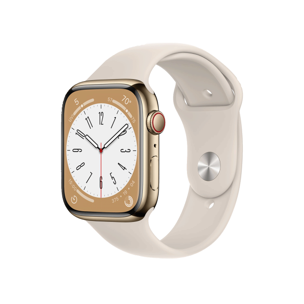 Refurbished Apple Watch Serie 8 | 45mm | Stainless Steel Or | Bracelet Sport Starlight Blanc | GPS | WiFi + 4G